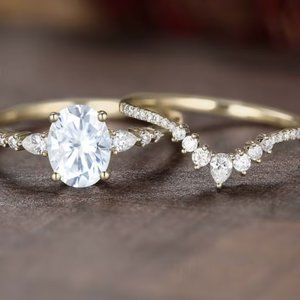 Oval cut Moissanite engagement ring set gold Marquise cut bridal set Size 5